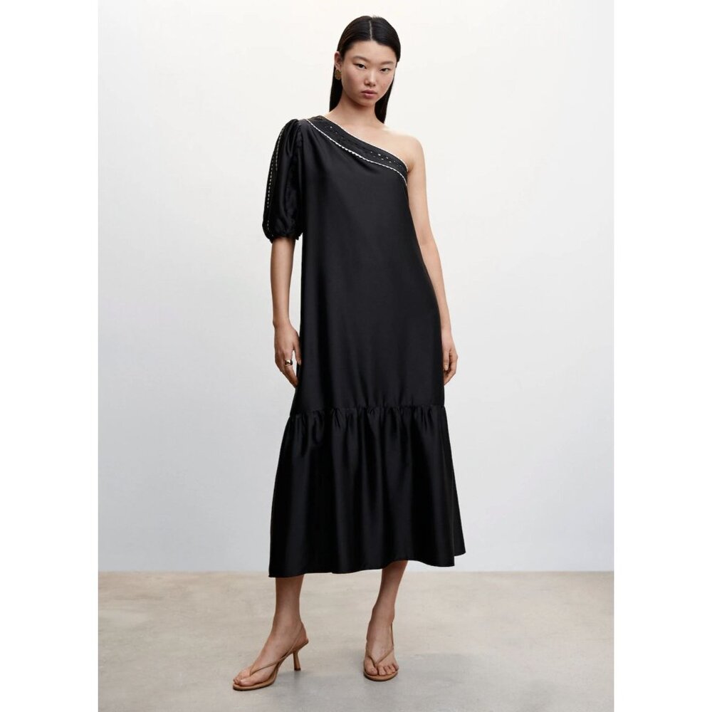 Mango Black Asymmetrical Satin Dress With Puffed Sleeve & Ruffled Hem Sz US 10